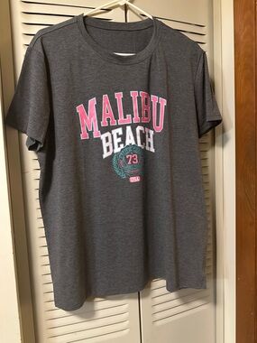 Malibu Beach Graphic Tee - Charcoal with Pink & White
